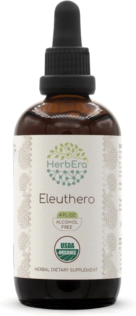 HerbEra Eleuthero B120 USDA Organic Tincture CLAS124; Alkoholicko-Free Extract, High- Potency Herbal Drops CLAS124; Certified Organic Eleuthero (Eleuterococcus Senticosus, Sibiřský ženšen) Sušený kořen (4 oz)