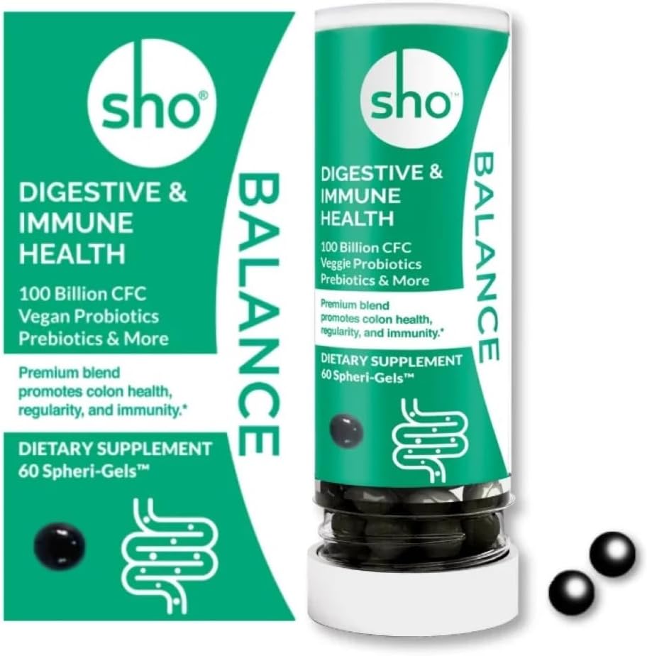SHO Balance 100 Billion CFU Prebiotika a Probiotika Včetně Lactobacillus Casei pro stravitelné zdraví, Shelf- Stabilní Vegan Probiotika pro muže a ženy - 60 pilulky Náplň láhev