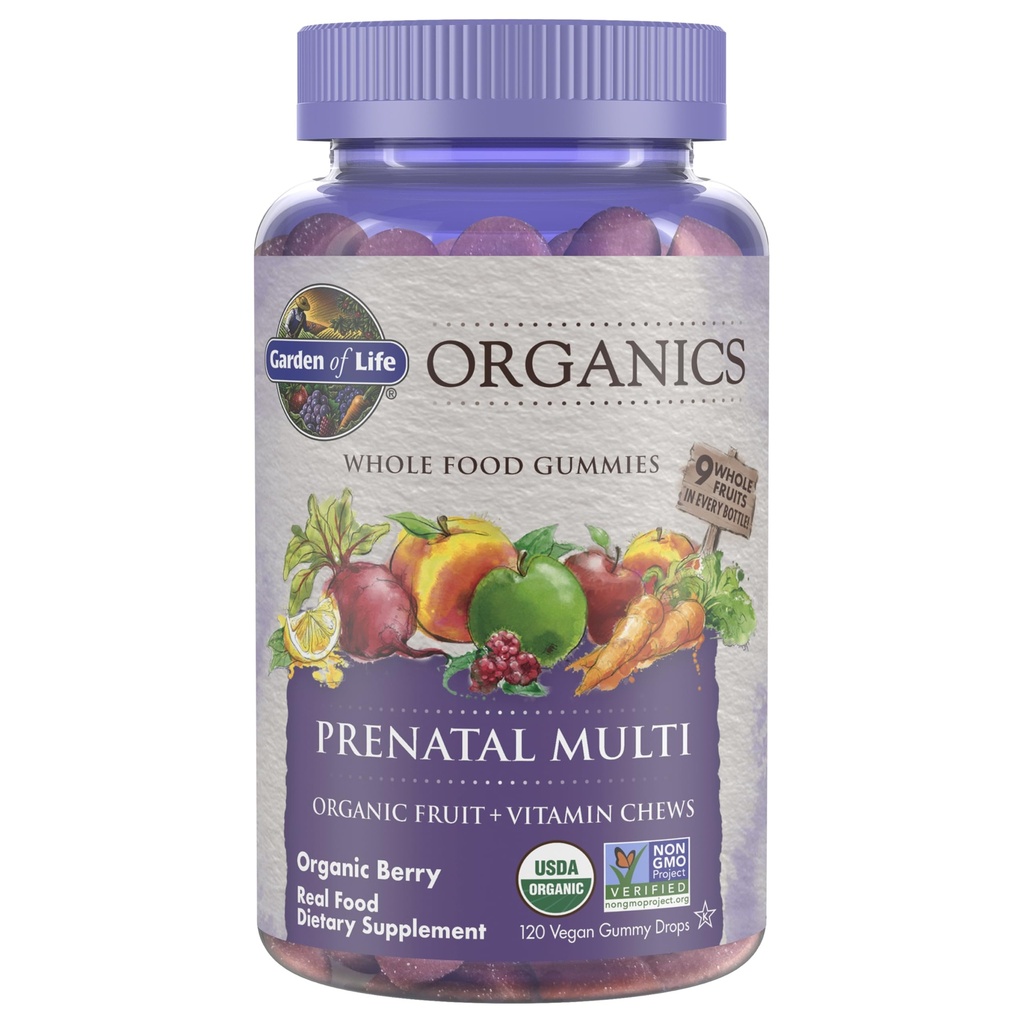 Zahrada života Organics Prenatal Gummies Multivitamin s vitamínem D3, B6, B12, C & Folát pro zdravý vývoj plodu - organické, Non- GMO, gluten- Free, Vegan, Berry Flavor, 30 Day Supply