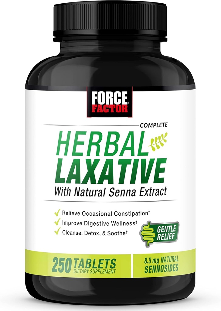 FORCE FACTOR Bylinné laxativní pro zácpu úlevu pro dospělé, doplněk stravy Vyrobeno se Senna na čištění, Detox, a Sooth, Laxativa pro zácpu pro ženy a muže, 250 Tablety