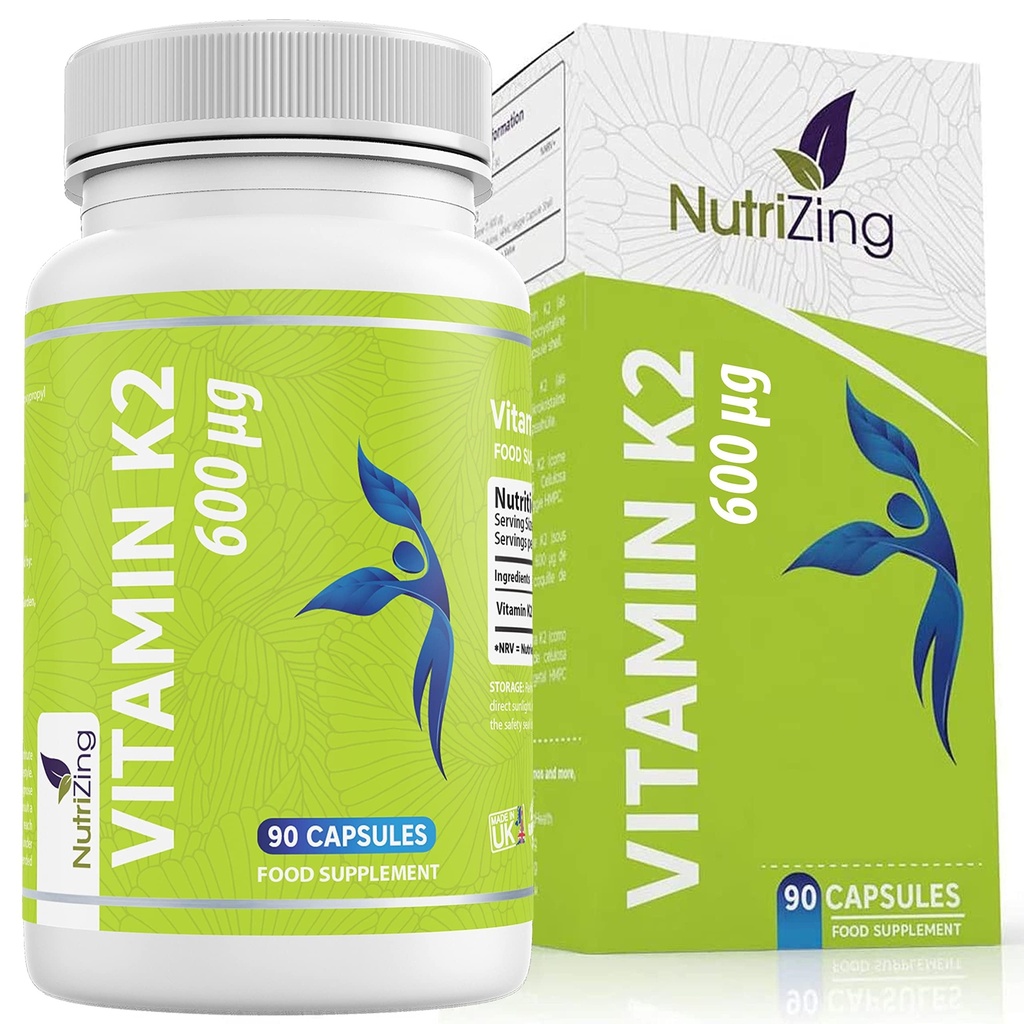 NutriZing K2 vitamin dodatek MK-7 - Vysoká síla 600mcg - Podporuje zdraví kostí a dělostřelectva - 90 Vegan Kapsle - Vitamin K2 pro muže a ženy - 3 měsíce