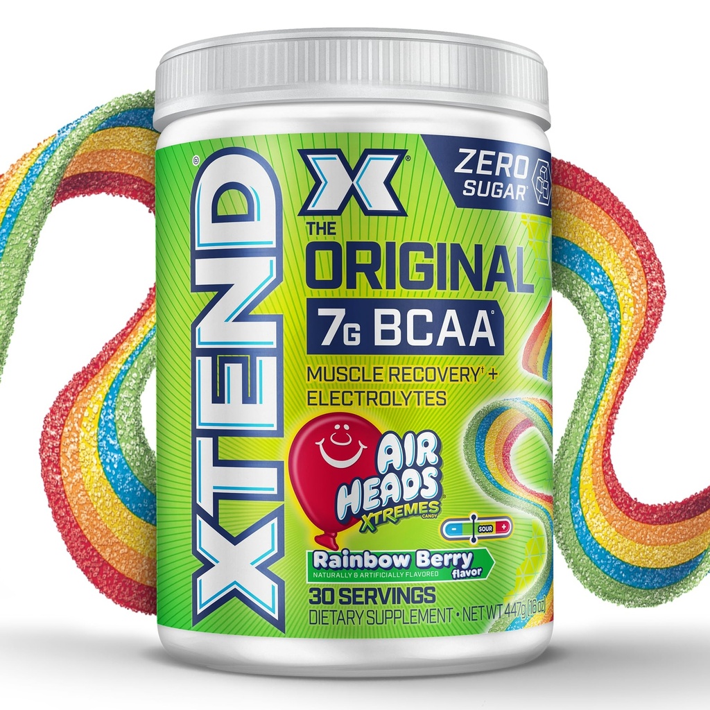 Xtend Original BCAA Powder Airheads Rainbow Berry Flavor, 7g BCAA a 2.5g L-glutamin, zdarma po cvičení Muscle Recovery Drink s aminokyselinami pro muže a ženy, 30 Služeb