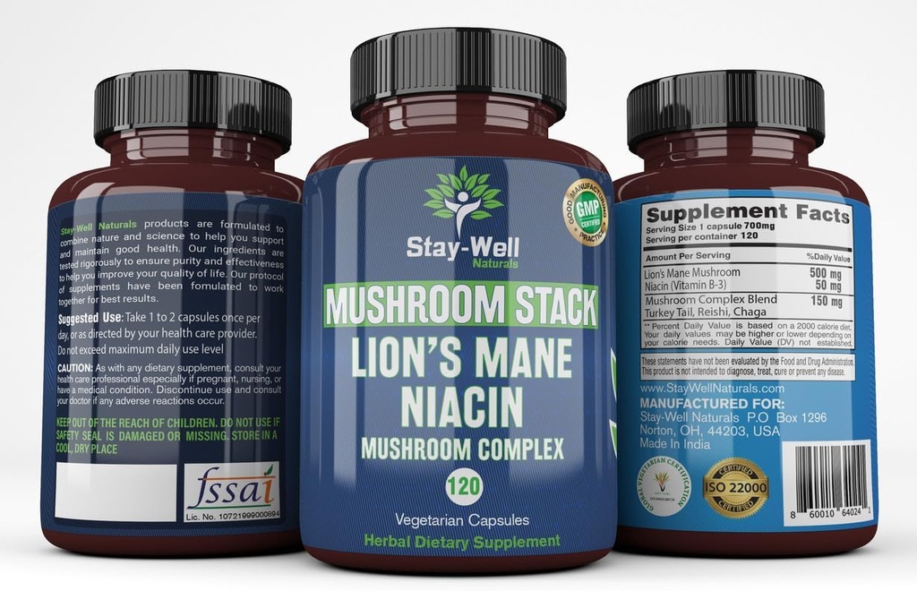 Lví hříva Příplatek Houba Kapsle s Niacin current 124; Houbové Complex Kapsle, s krůtí Tail Houby, Chaga Houba a Reishi Houba Extract, Houbové kapsle