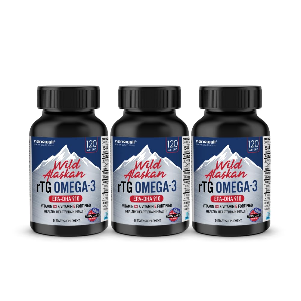 NANOWELL Wild Alaskan rTG Omega33 Fish Oil 1196mg - EPA, DHA, Vitamin D3 & E - 120 Softgels x 3 Lahve (360 Počet)
