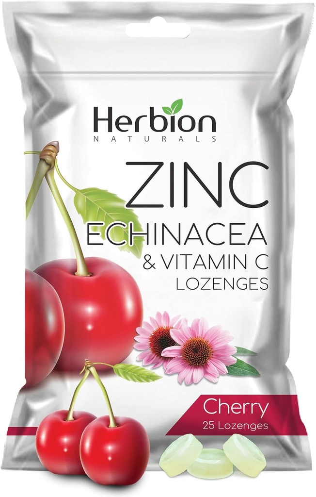 HERBION Naturals Zinek, Echinacea & Vitamin C Lozenges 25 CT, Dietní dodatek pro dospělé a děti 5 +, Promotes Wellness pro celou rodinu, 25 Počet, Cherry, Balení po 1