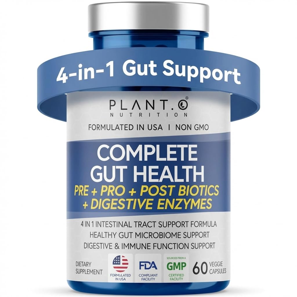 4-in-1 Gut Health Support - Prebiotika + Probiotika + Postbiotika + Digestivní Enzymy - DE111 Spore Probiotika pro stravitelnou podporu a nafouknutí - Non- GMO, Made in USA - 60 Veggie Kapsle