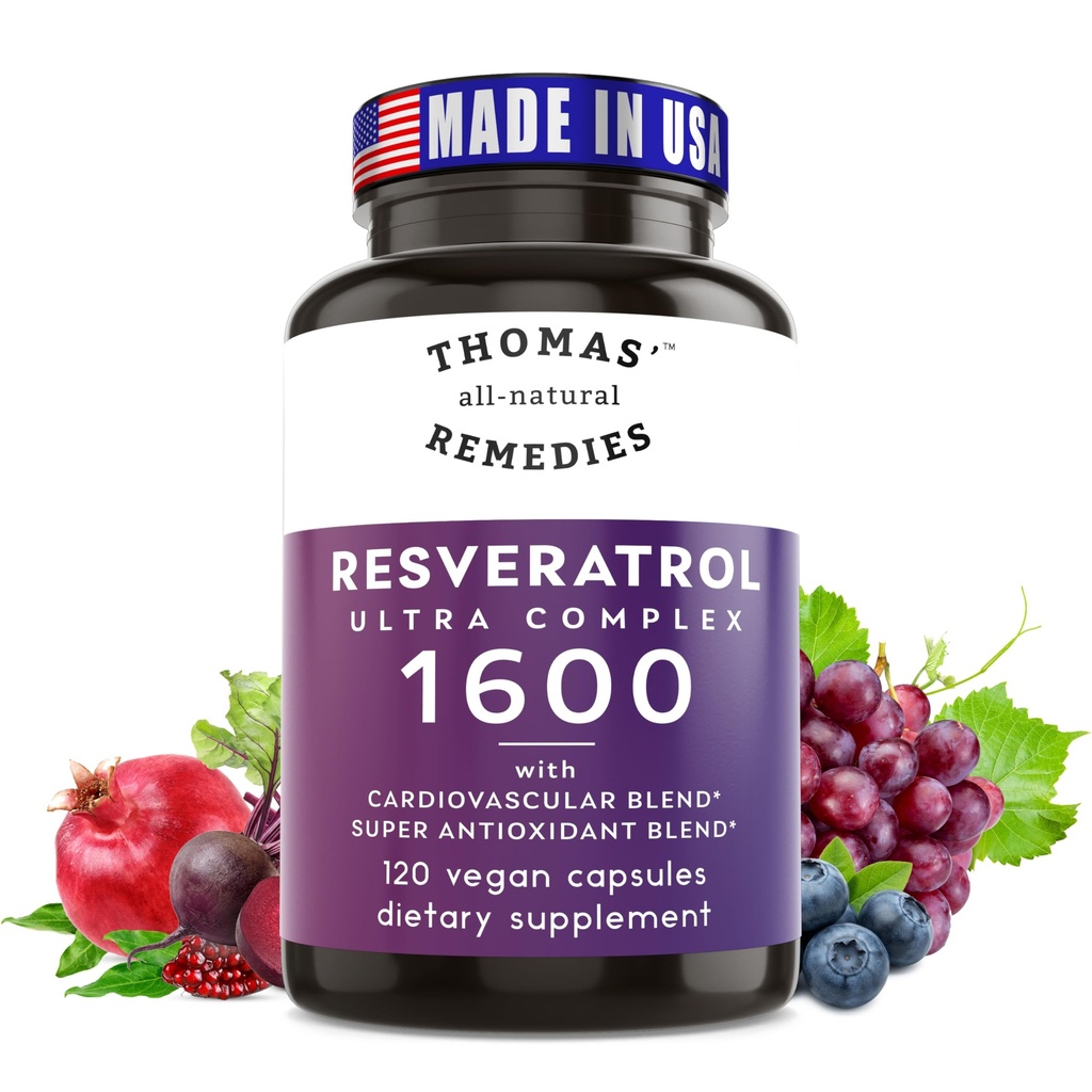 Thomas 'all- natural Remedies Resveratrol 1600mg Organic Trans- Resveratrol Antioxidant Supplementary with Organic Grape Seed Extract and Quercetin - Anti- Aging and Cardiculatical Support - 120 Kapsle