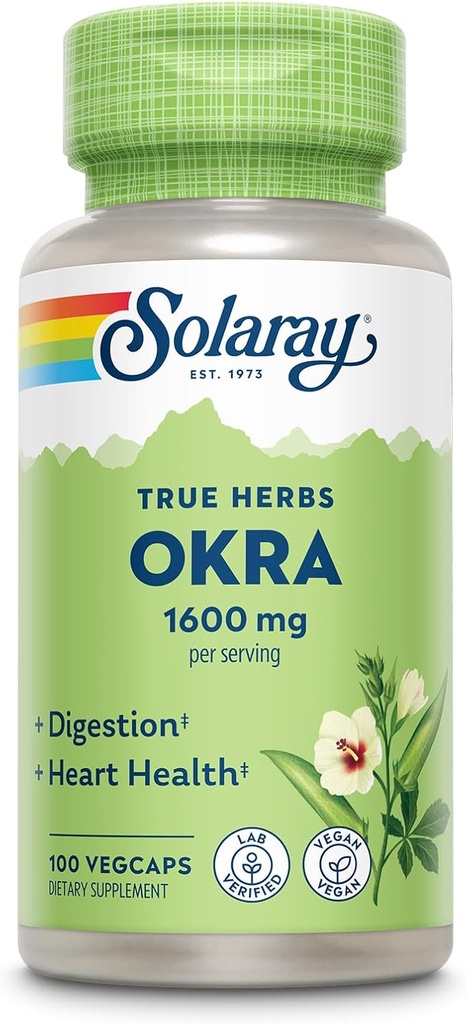 SOLARAY Okra Fruit 1600 mg - High Fiber Supplement for Wellness Support - Rich Source of Soluble Fiber - Ekvivalent z 6,4 g Fresh Okra per Serving, Vegan, 60- Day Garance - 25 Služeb, 100 VegCaps