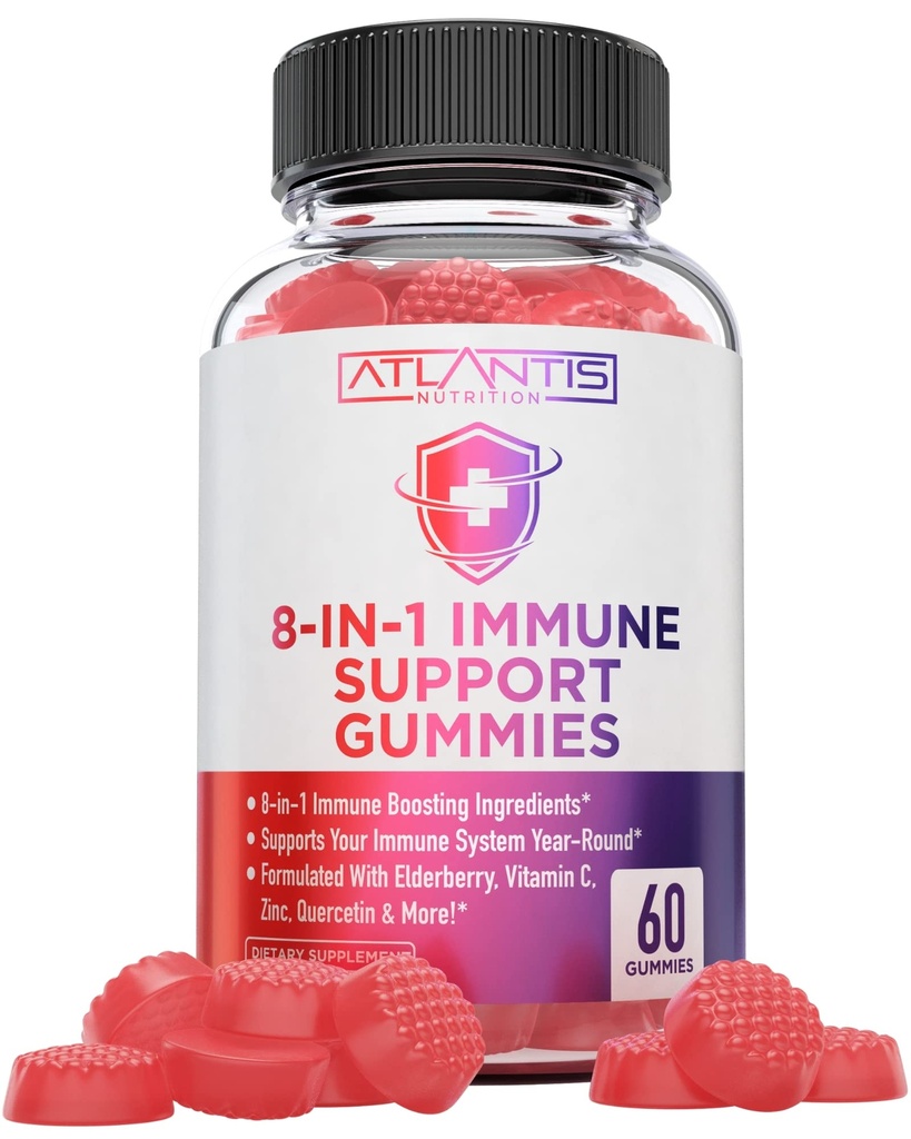 Atlantis Nutrition 8- in-1 Imunitate Support Gummies with Elderberry French 124; Imunitation Supplementary with Elderberry, Quercetin, Zinek, Vitamin C - Imunity Boosters for Dospělí a děti - Delicious Flavor - 60 Počet