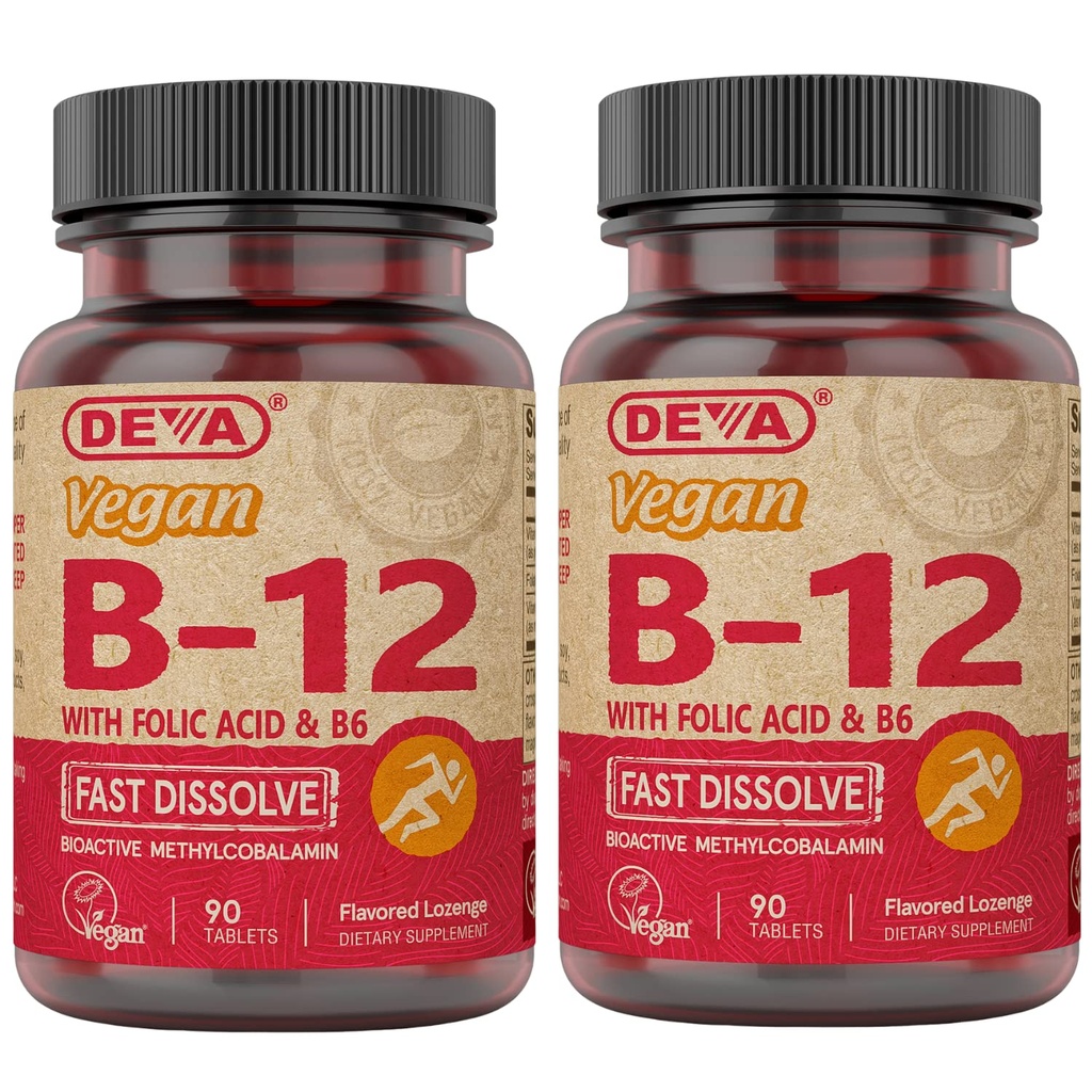 DEVA Vegan vitamin B12 rychle rozpustit doplněk - Once- Per- Day Complex s 1000 Mcg methylkobalamin B12, kyselina listová, B6 - Lemon Flavor - 90 Rozpustné tablety, 2- Pack