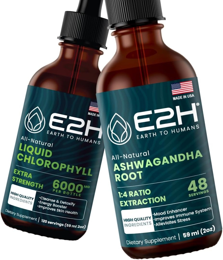E2H: Liquid chlorofyl and Ashwagandha Liquid Drops CLAS124; Vegan, Non- GMO - 2 Fl Oz Each (4 Fl Oz Total) - Bundle