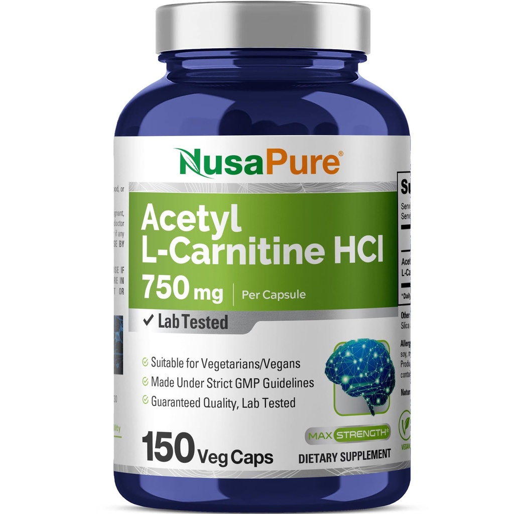 NusaPure Acetyl L- karnitin 750mg na kapslí 150 Veggie Kapsle (Non- GMO, Vegan) High potency Acetyl L Carnitin HCL (ALCAR)