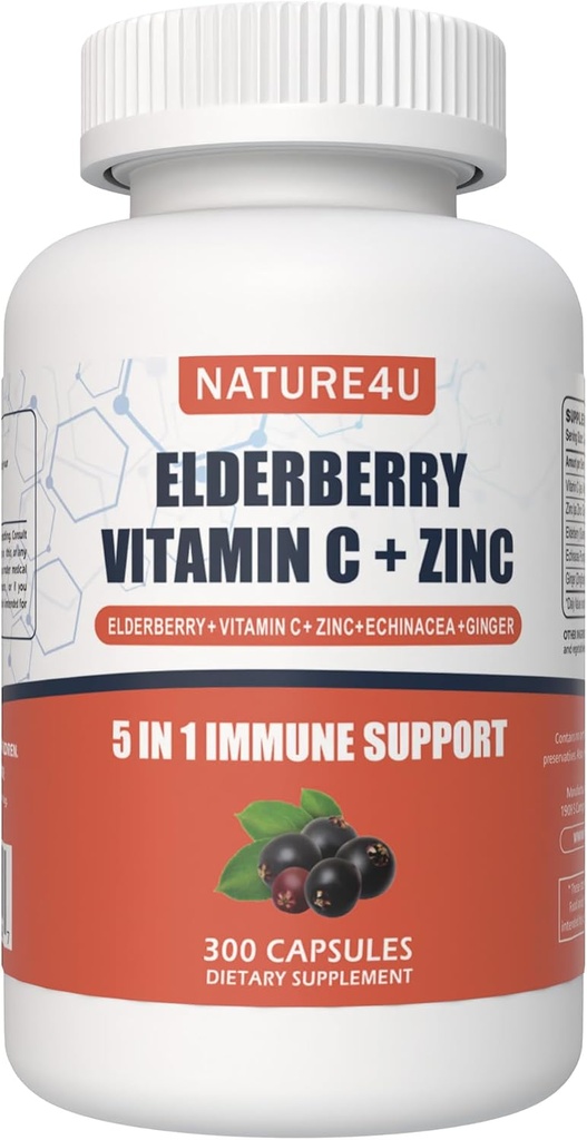5 v 1 Elderberry Imunitní Supplement, Denní imunitní zesilovače pro dospělé Antioxidanty Dodatek, Elderberry 1000 mg, Vitamin C, Zinek, Echinacea, Ginger, 300 Veganské kapsle - 5 měsíců