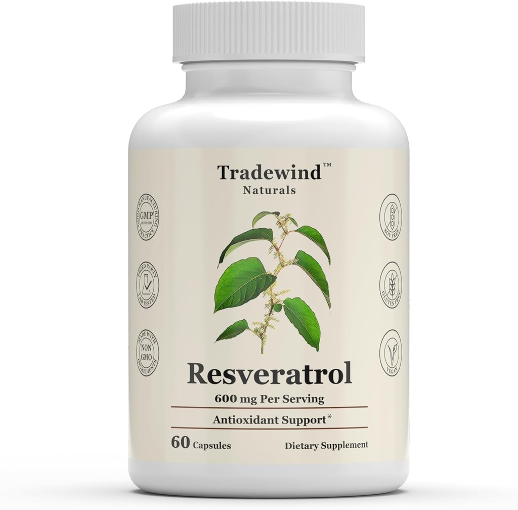 Resveratrol 600mg - Vegan - Non- GMO - Podpora zdravého stárnutí a kardiovaskulárního zdraví - Bohaté na antioxidanty - 60 Rostlinné kapsle