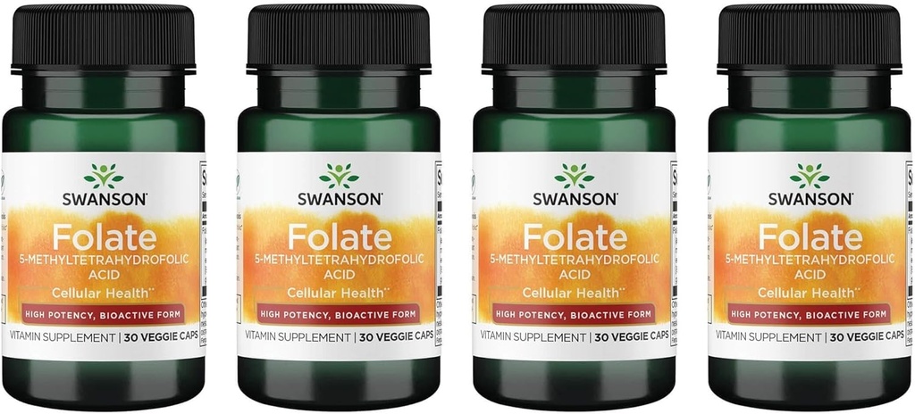 Swanson Folát 5- methyltetrahydrolistová kyselina - vysoká potence, Bioaktivní forma 800 mcg Dfe 30 Veg Caps (4 balení)