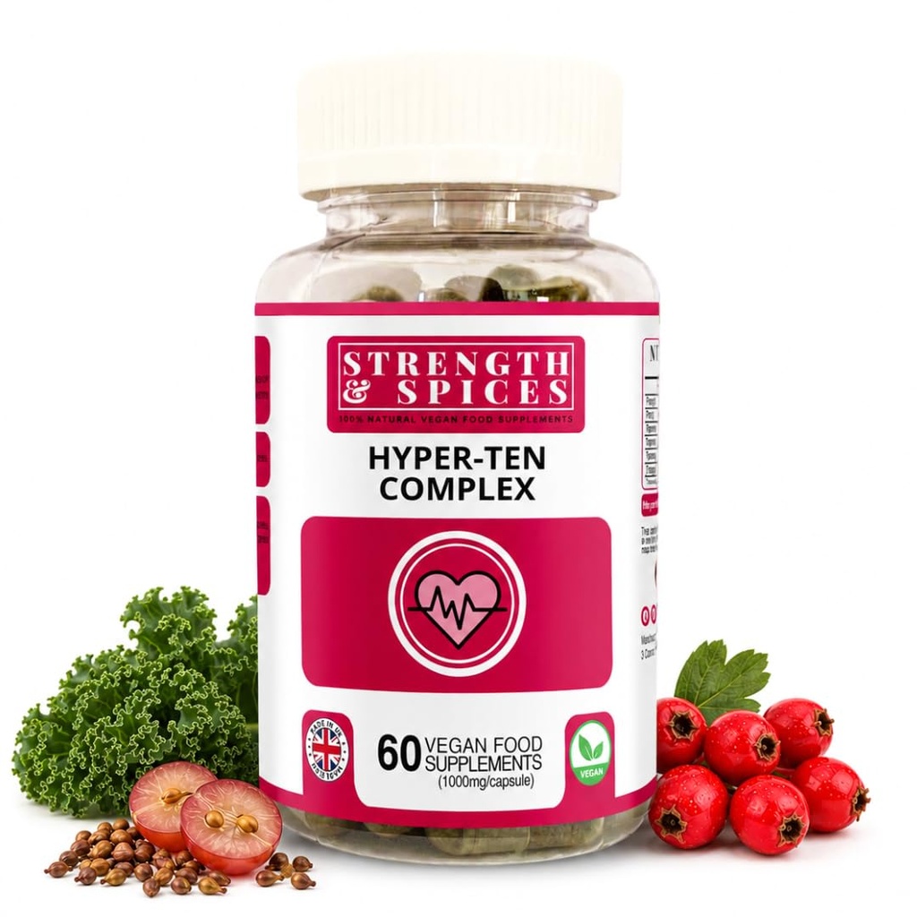 Síla a koření Hypertensupport 100% přírodní doplněk pro imunitní systém a srdeční zdraví - 15 ingredience w Hawthorn Berry, Grape Seeds & Berries - 60 Vegan UK Made 1000mg Kapsle