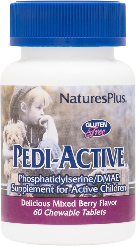 NaturesPlus Pedi-Active LECI-PS, DMAE Complex - 60 Žvýkací tablety - Smíšené Berry Flavor - Dětský Žvýkací doplněk, Promotes Brain Health, Focus - Vegetarian, Gluten-Free - 30 Služeb