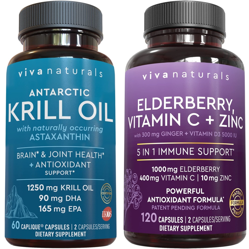 Viva Naturals Antarktida Krill Oil and Elderberry, Vitamin C, Zinek a Vitamin D3 5000 IU Bundle, 1250 mg Krill Oil Poskytnutí Omega 3 EPA a DHA pro společné zdraví, Elderberry pro imunitní podporu
