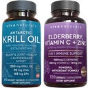 Viva Naturals Antarktida Krill Oil and Elderberry, Vitamin C, Zinek a Vitamin D3 5000 IU Bundle, 1250 mg Krill Oil Poskytnutí Omega 3 EPA a DHA pro společné zdraví, Elderberry pro imunitní podporu