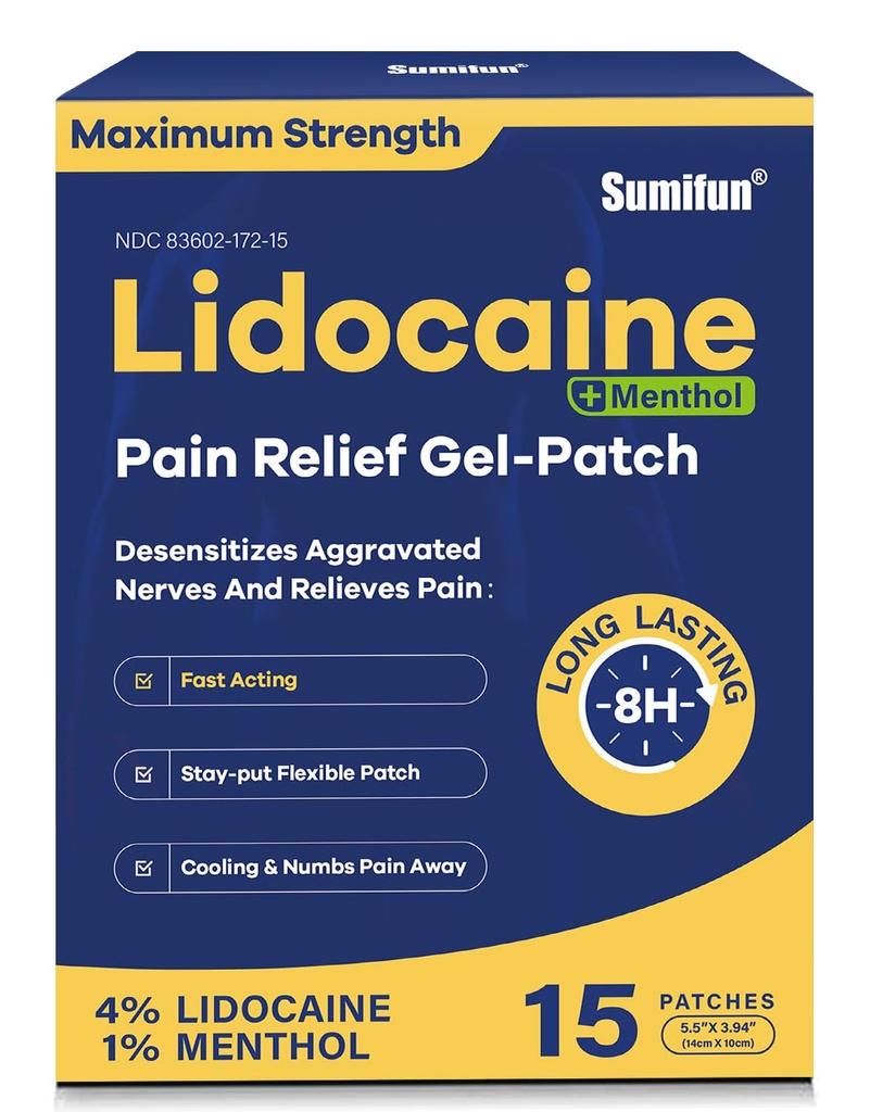 Sumifun 4% Lidokain Záplaty Plus 1% Menthol - 15 Počítá maximální sílu OTC Pain Relief Záplaty pro zadní Ache Stiff Neck kloubní bolest Svalová bolest Svalová bolest Topický analogie