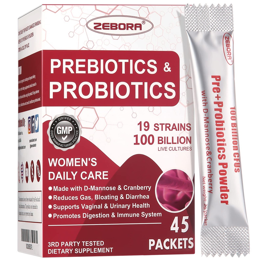 Zebora Probiotics-for-Women 100- Billion-CFU s prebiotika, D- Mannose & Cranberry pro stravovací, imunitní, feminin UT zdravotní podpora, Ultimate Probiotic Women 's Care, Soy & Gluten Free, 45 Packets