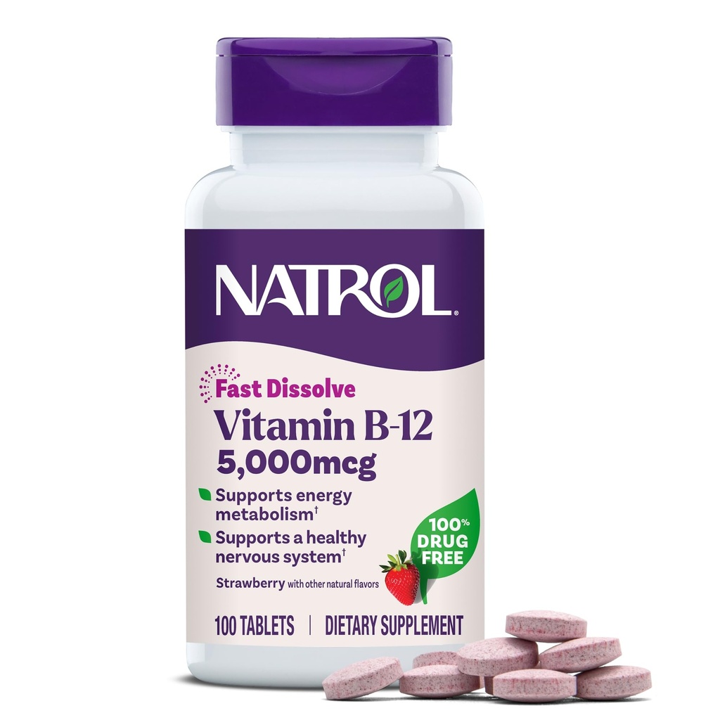 Natrol Vitamin B12 5 000 mcg, Rychlý rozpustit vitamín B12 dodatek podporuje zdravý nervový systém a energie metabolismus, 100 tablet, až 100 den dodávky