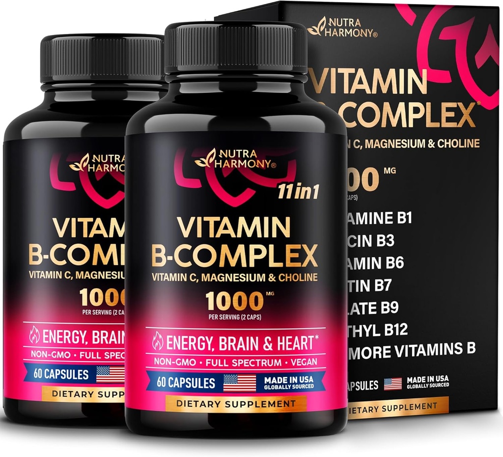 Vitamin B Complex pro muže a ženy - Made in USA - 11- in-1 B- Complex: B1, B2, B3, B5, B6, B7, B8, B9, B12 s vitamínem C, Choline, Inositol - Energie, Brain & Heart Supplement - Balení 2