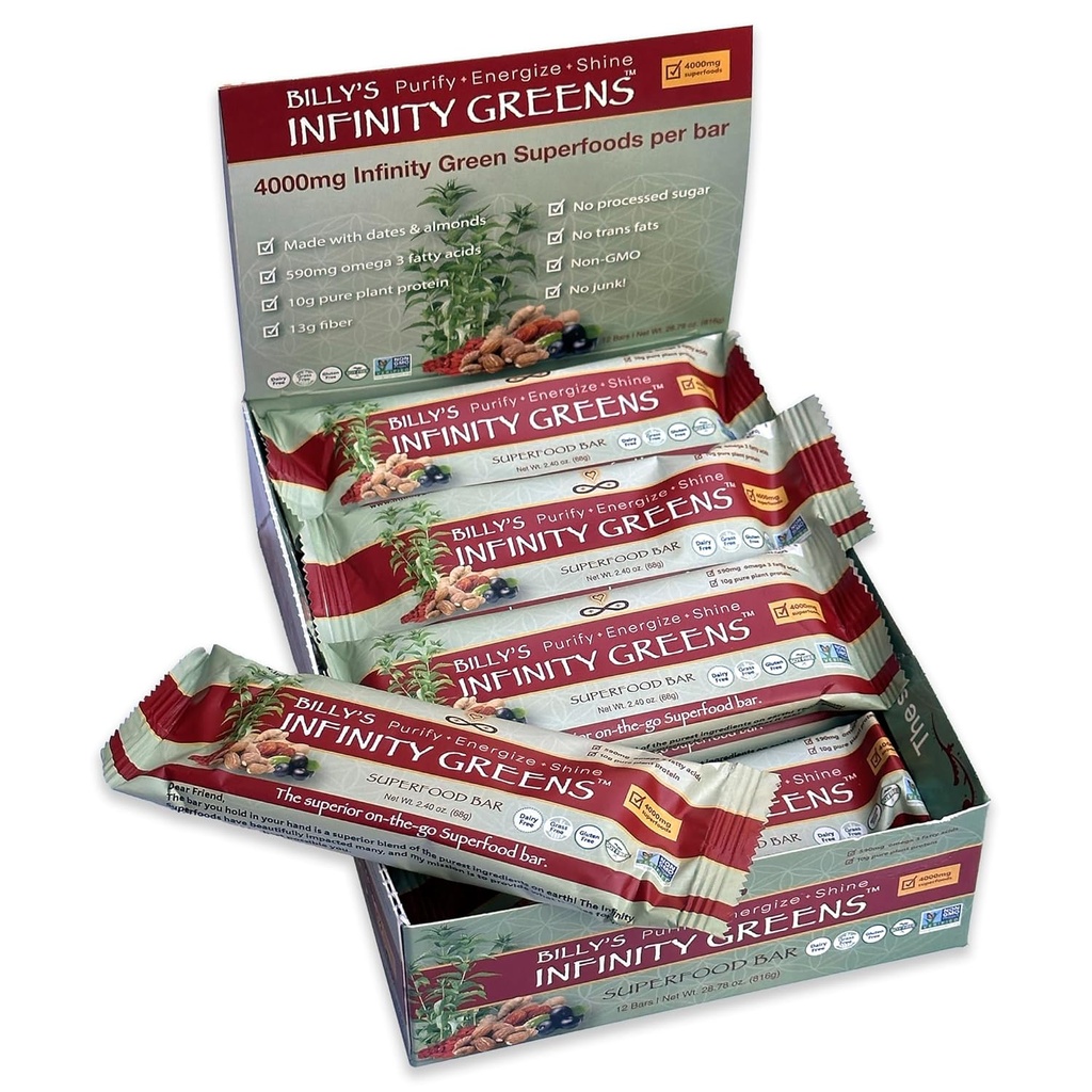 Infinity Green Superfood Bary, Plant Based Strava Náhradní Bar s 4000mg Infinity Green Superfood Powder, Organic, Raw, Gluten Free, Non GMO (12 Bary)