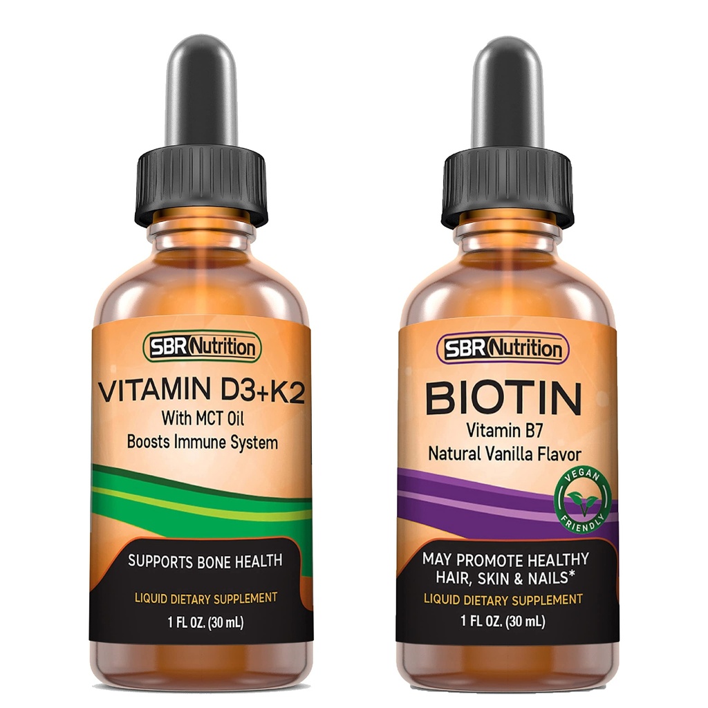 SBR Nutrition D3 + K2 a Biotin Bundle Vitamin D3K2 (MK7) Liquid Drops, Peppermint, 1oz CL124; Biotin 5000mcg Liquid Drops, Vanilla 2oz CL124; pro dospělé a děti D124; Non- GMO, gluten zdarma