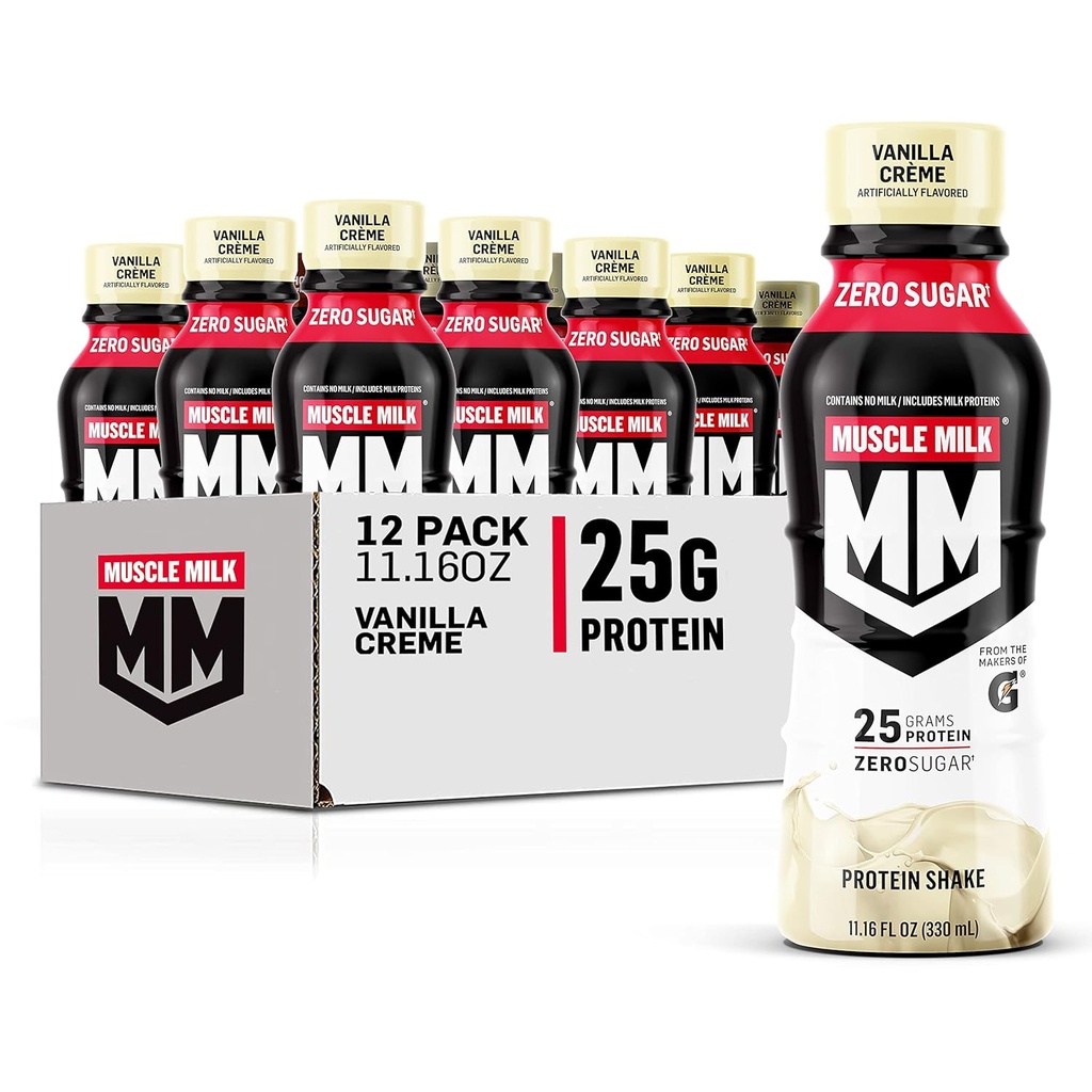 Muscle Milk Genuine Protein Shake, Vanilla Creme, 11.16 Fl Oz láhev, 12 balení, 25g protein, nulový cukr, vápník, vitaminy A, C & D, 5g Fiber, Energizing Snack, Workout Recovery, Balení květen Vary