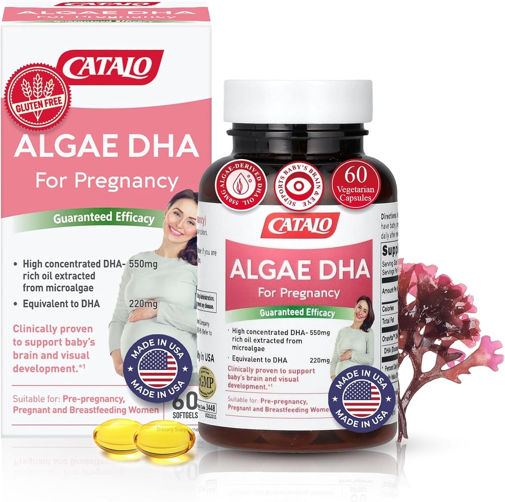 CATALO Omega 3 Řasy DHA pro ženy - 550mg DHA- bohatý olej z mikrořas, Ideální pro Prenatal, Těhotenství & Kojení, Vegetariánské Softgels, Bezlepkové - 60 Softgels