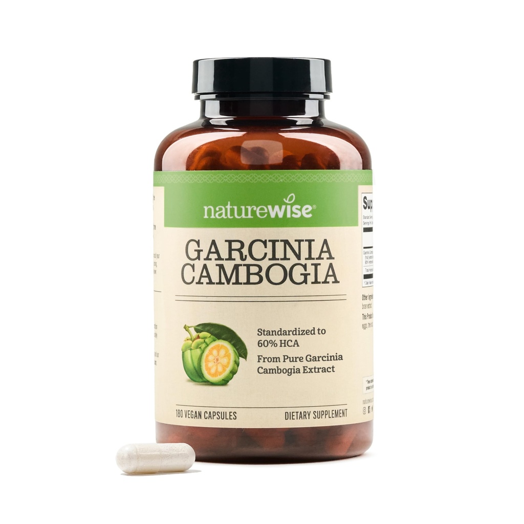 Naturewise Garcinia Cambogia - 60% HCA koncentráční extrakt, přírodní podpora váhových cílů a energetických úrovní - Vegan, Non- GMO, gluten zdarma - 180 Kapsle [2-6 Měsíce dodávky]