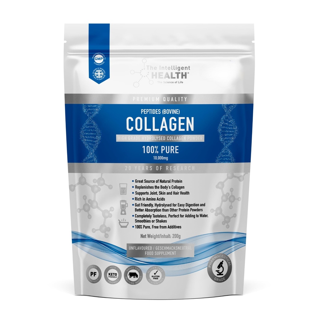 Inteligentní zdraví Hydrolyzované Kolagen Peptidy Powder, Tráva Fed, Vysoký protein, Neochucené, Lepek-Free, Paleo & Keto Friendly, 10g na Serving (200g) Podporuje pleť, vlasy, hřebíky, spony, & kosti