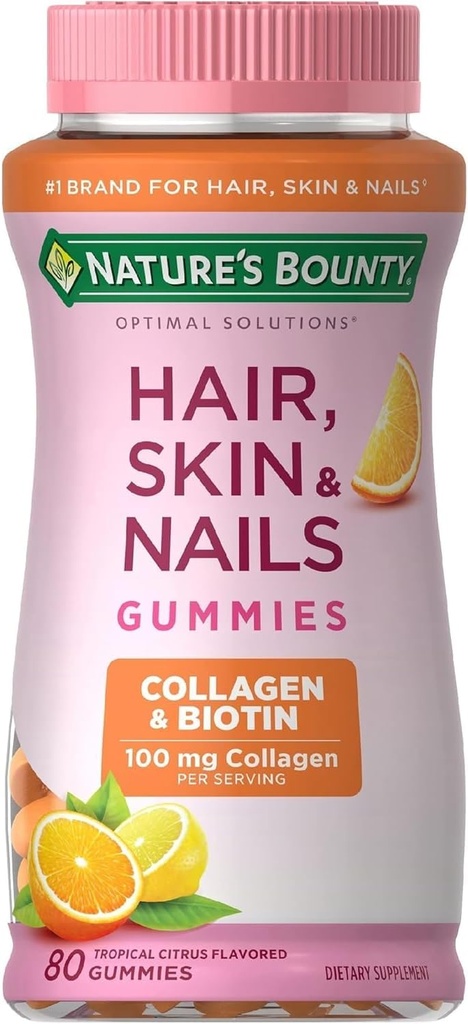 Přírodní Bounty vlasy, kůže a hřebíky s biotin a kolagen, podporuje vlasy kůže a nehty zdraví, 2500 mcg, Citrus ochucené gumy, 140 Ct