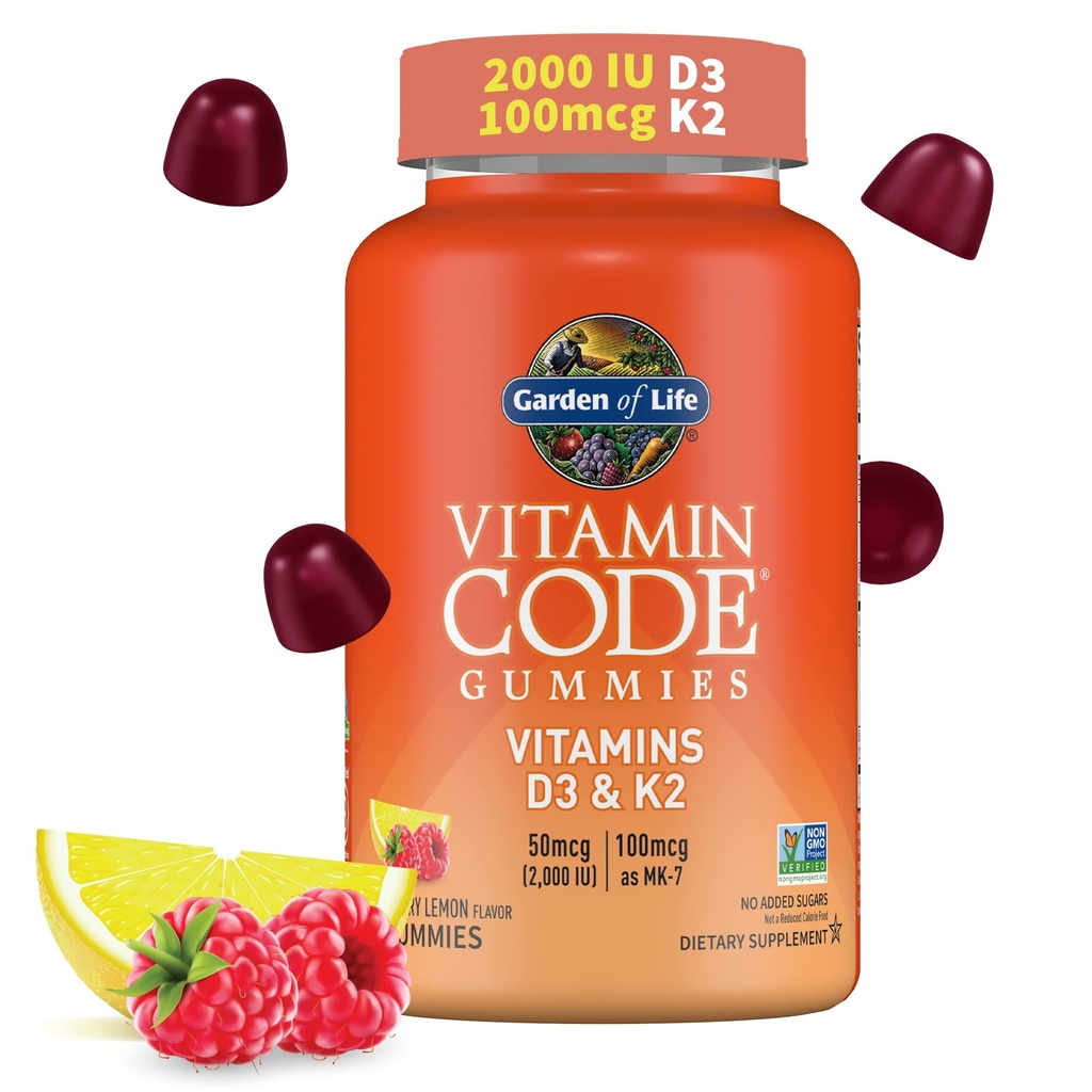 Zahrada života Vitamin Code D3 & K2 Gummie s prebiotika a probiotika - Kostní zdraví, imunitní zdraví, a stravovací podpora, Non- GMO, Gluten- Free, Malina Lemon Flavor, 45 Gummies