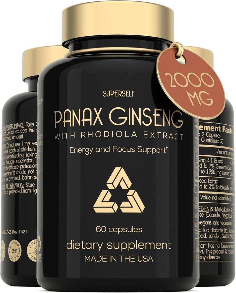 Panax Ginseng a Rhoddiola Rosea 2000mg - Korejské Ginseng High Force 60 Kapsle - Bylinný doplněk pro muže a ženy - Energetický komplex s Ginseng Root Extract Standardizované 7% Ginsenosids - US Made