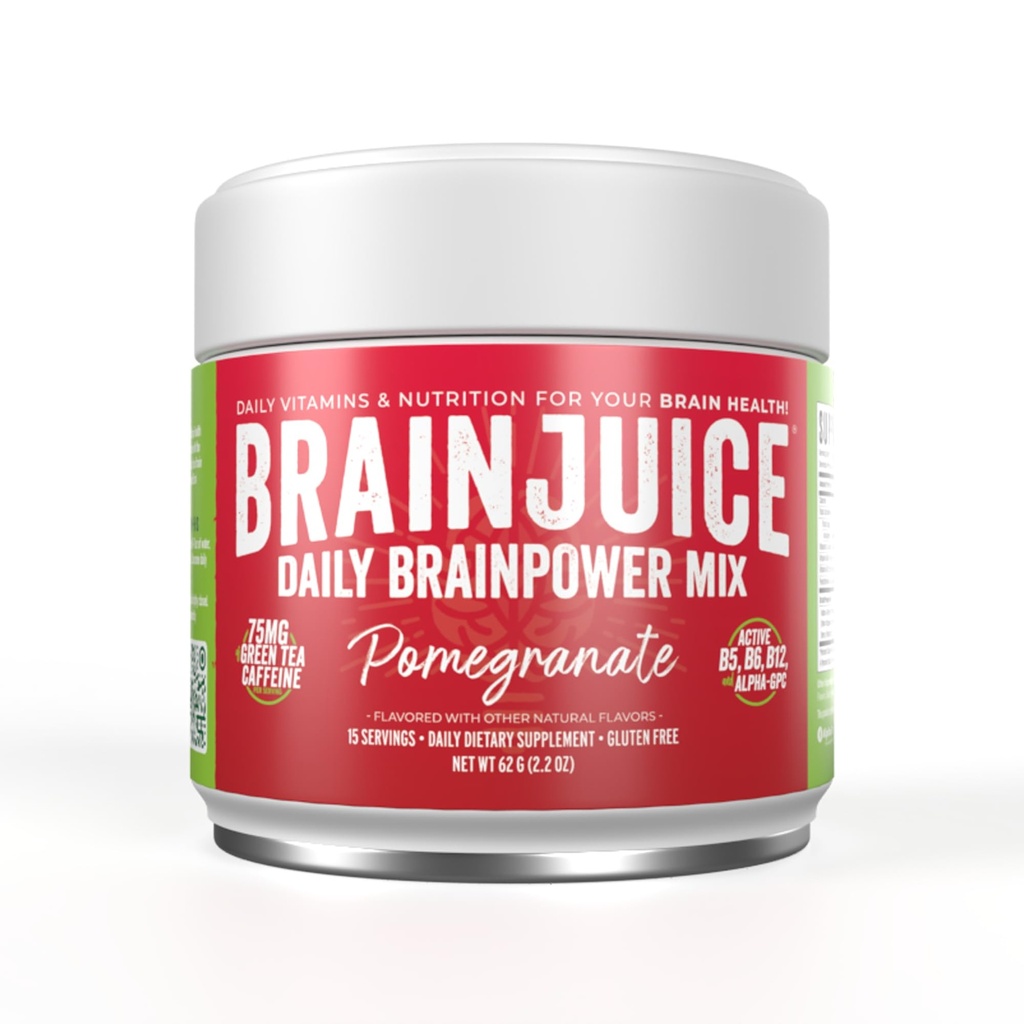 BrainJuice Nootropics Brain Support Supplement, Gluten Free Powder for Energy and Focus, Drink Mix s L Theanine, Alpha GPC, Vitamin B, Organic Green Tea Extract Caffeine, Granátová jablka, 15 Služeb