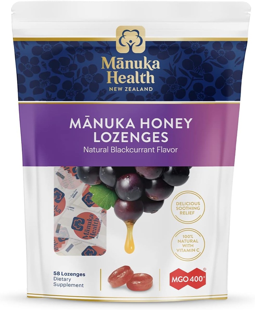 Manuka Zdraví Manuka Honey Throat Lozenges - Černý rybíz Ochucené Lozengy, 58-Počet - Kašel Kašel Infuze se syrovým Manuka Med & Vitamin C pro imunitní podporu