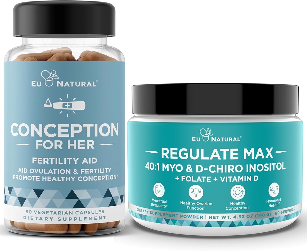 Koncepce pro její kapsle + Regulovat MAX Myo- Inositol D- Chiro Inositol Powder - Podpora plodnosti, Hormonová rovnováha, Regulovat Cykly - 60 Vegetariánské měkké kapsle + 60 Služební prášek
