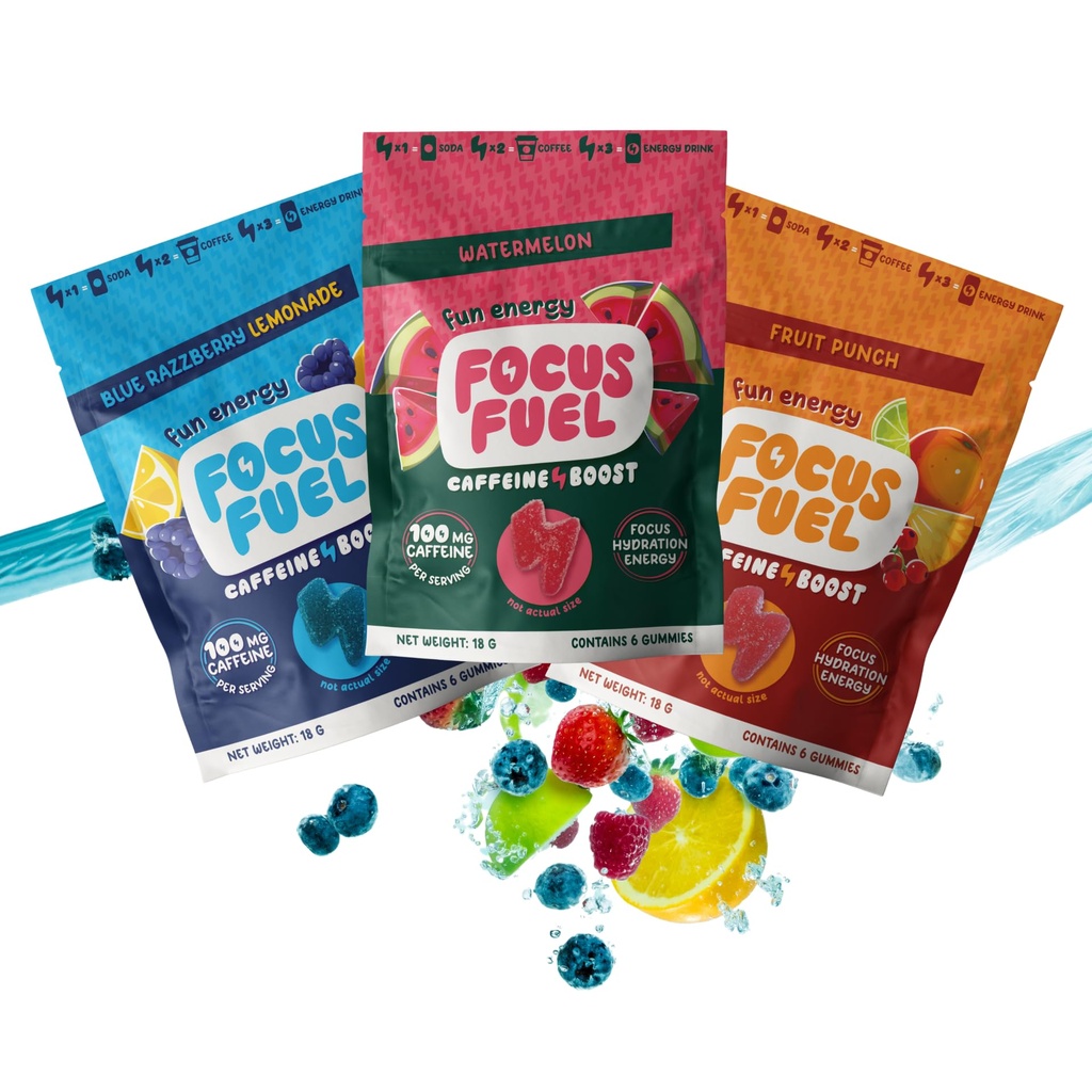 FocusFuel Energy Chews - Zkušební velikost Variety Vzorek Pack (9 Doručení) - 100mg Caffeine + Alpha GPC + L-Theanine + B12, Magnesium - Blue Razzberry Lemonade, Meloun, Ovocný punč - No Crash nebo Jitters
