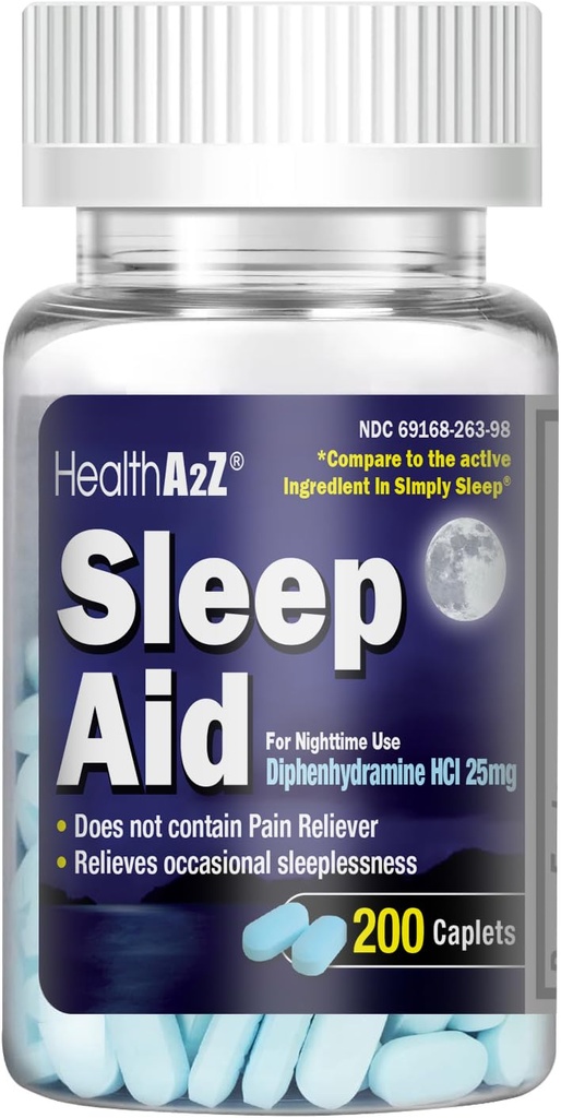 HealthA2Z Sleep Aid 200 Caplet CLAS124; Difenhydramin HCl 25mg CLAS124; Pravidelné prášky na spaní 124; Bezpečné & Non- Habit- Forming