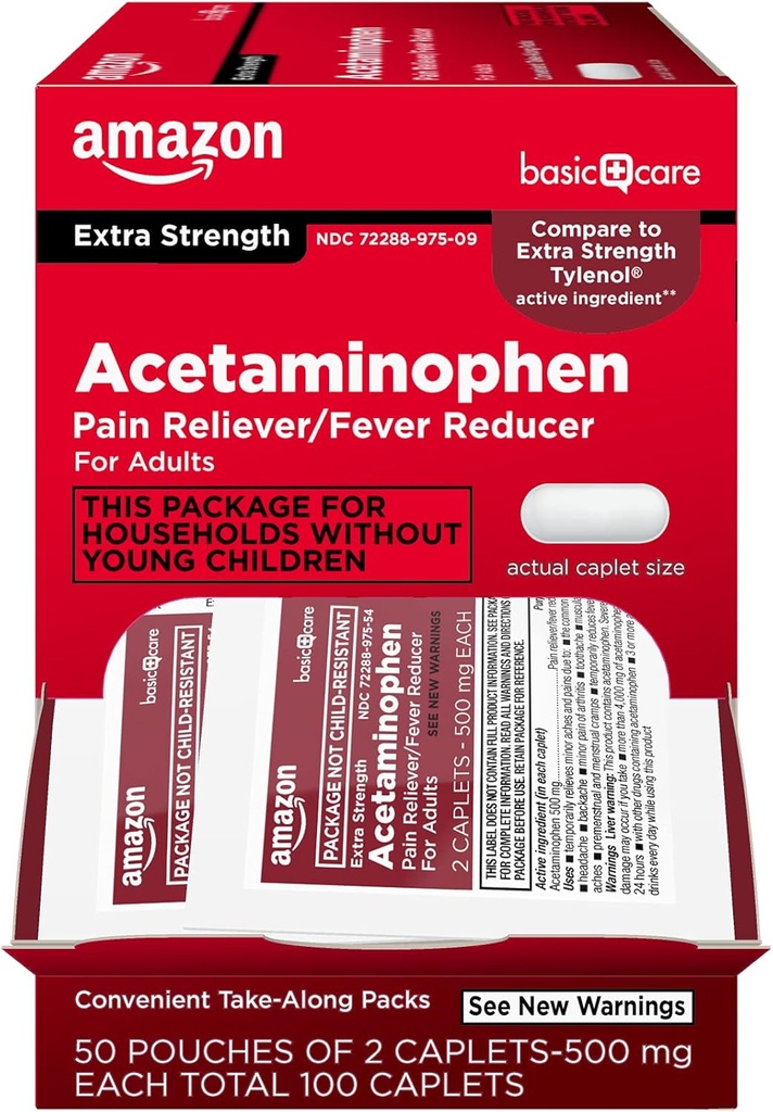 Základní péče - Extra síla Acetaminophen Caplet 500 mg, 100 Počet (50 sáčků po 2 kapkách)
