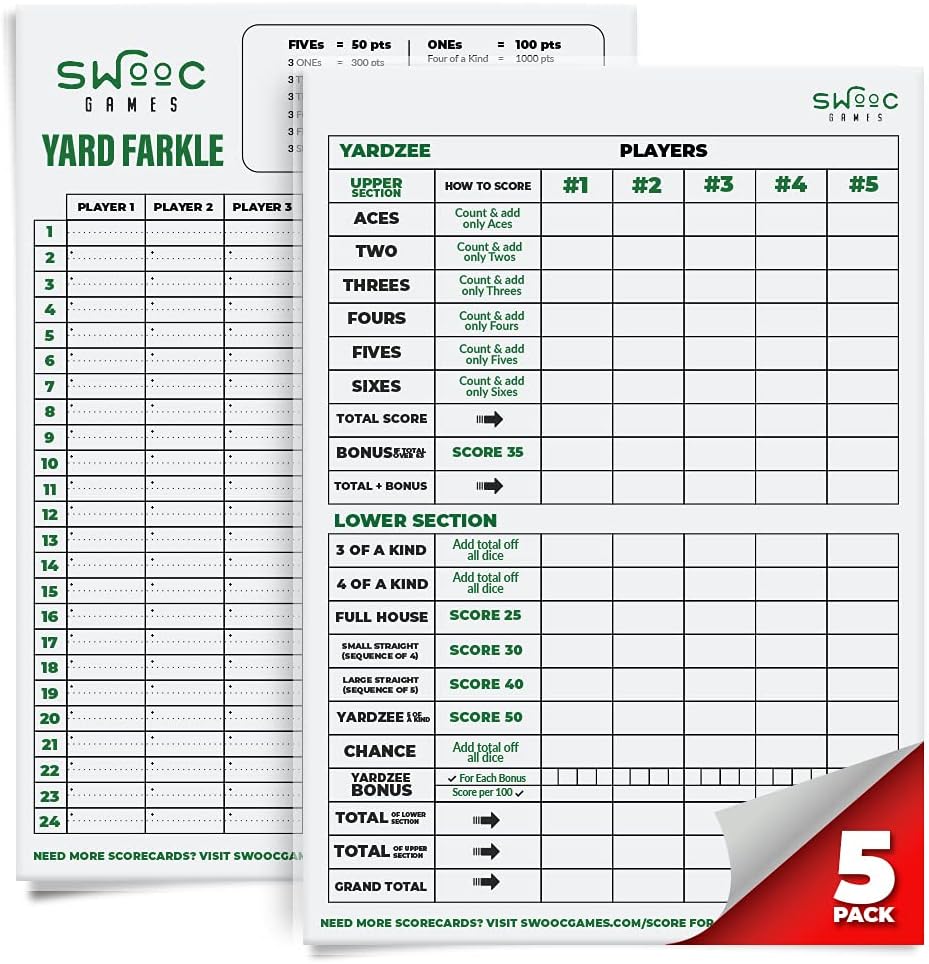 SWOOC Games ® - 5 Big Premium Laminované Yardzee & Farkle Score karty (11.5in x 8in) s pravidly - Velké opakovaně použitelné Suché vymazat Pads pro obří venkovní kostky