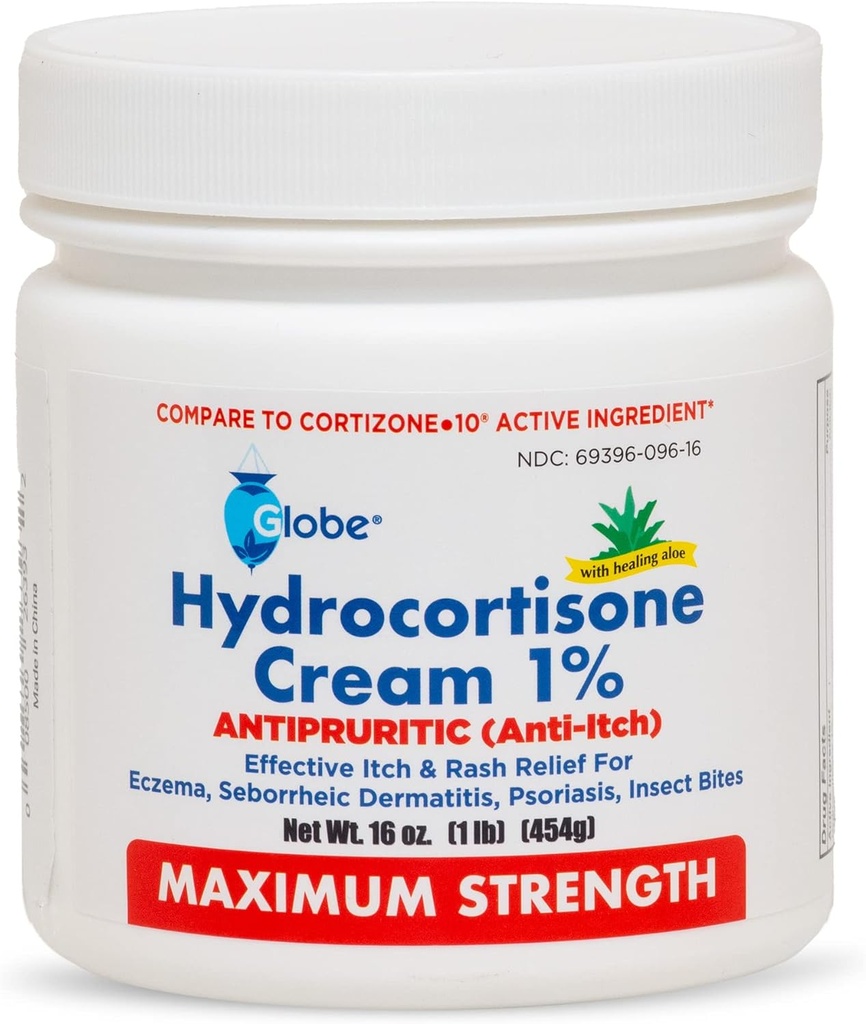 Globe Hydrokortizon Maximální síla Cream 1% w / Aloe, 16 oz, Anti- Itch Cream for Redness, Otok, Svědění, Rash, Bug / Mosquito Bites, Eczema, Hemeroidy & More, 16 oz Jar