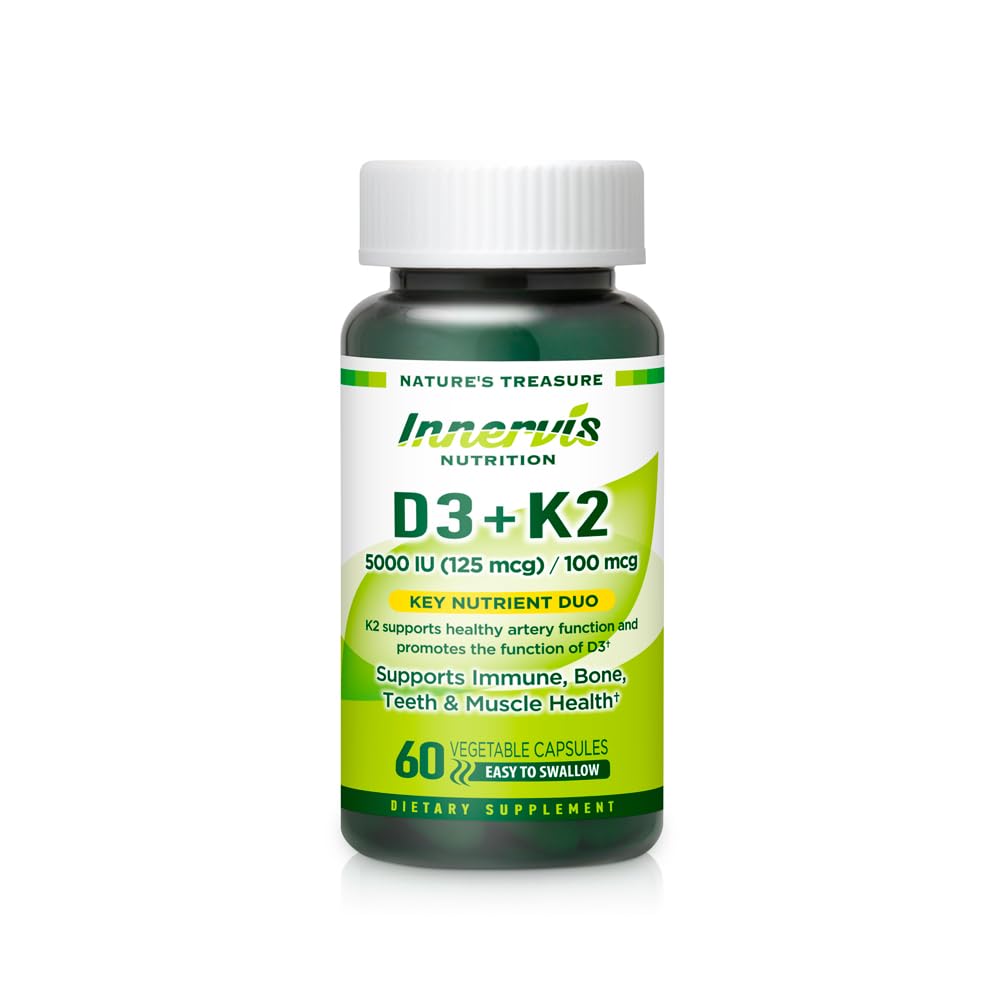 Vitamin D3 5000 IU + K2 MK- 7 100mcg - Kostní, srdeční a imunitní podpora, Snadná polykat, 60 tobolek