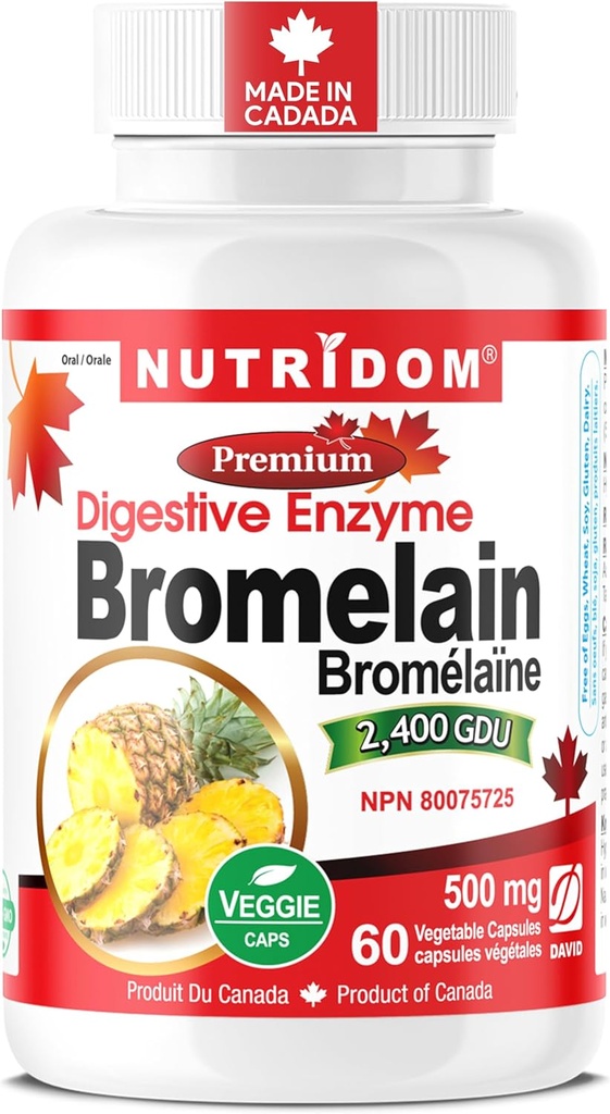 Nutridom Bromelain Digestivní enzym Ananasové doplňky, 2400 GDU, 500mg, Non- GMO, Vegan, bez gluten, Soy & Dairy (60 Počet)