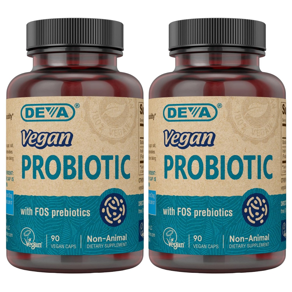 DEVA Vegan Probiotic s FOS Prebiotics Doplněk - 2 miliardy CFU se 100 MG Prebiotika per Serving pro muže a ženy - Non- Dairy gluten Free - Přirozeně stabilní - 90 Kapsle (Balení po 2)