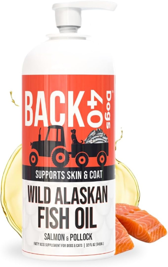 BACK 40 Psi Divoký aljašský rybí olej pro psy, kůže a kabát dodatek pro psy a kočky, Omega-3-bohatý losos a Pollock olej, EPA & DHA pes losos olej pro mozek, srdce, a klouby 32 fl oz