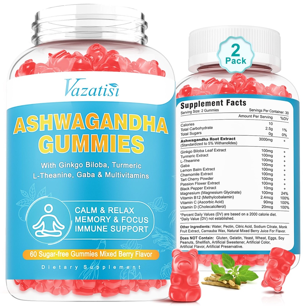 2 balení Ashwagandha gumové s turmerickou GABA energie a imunitní podpora, smíšený Berry Flavor 120 Cts