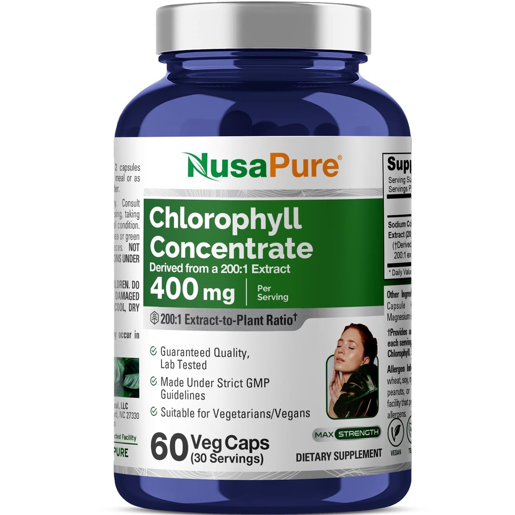 NusaPure Chlorofyl 200: 1 Extract, 400 mg Ekvivalentní s 80,000mg 60 Veggie Caps (Ekvivalentní 80000mg na Serving, Non- GMO, Vegan) Sodná měď Chlorofylin